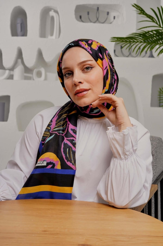 Yaprak Desen Lacivert Soft Pamuk Şal - 2