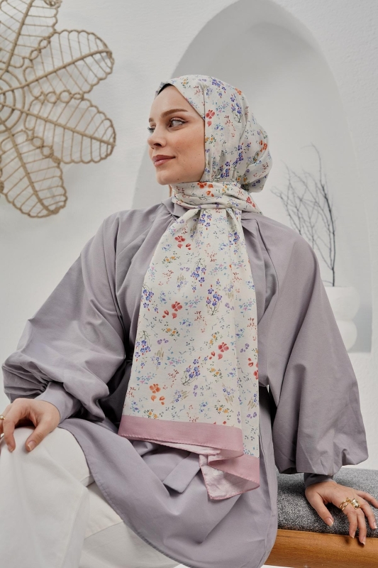 Çiçek Desen Krem Soft Pamuk Şal - 1