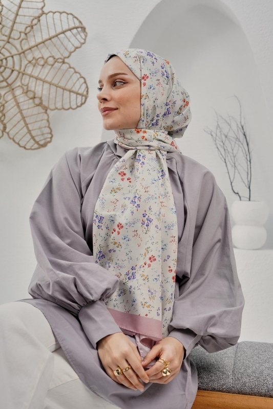 Çiçek Desen Krem Soft Pamuk Şal - 2