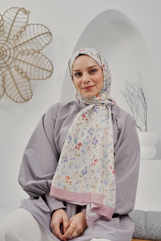 Çiçek Desen Krem Soft Pamuk Şal - 5