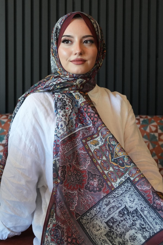 Etnik Desen Bordo Soft Pamuk Şal - Afvente