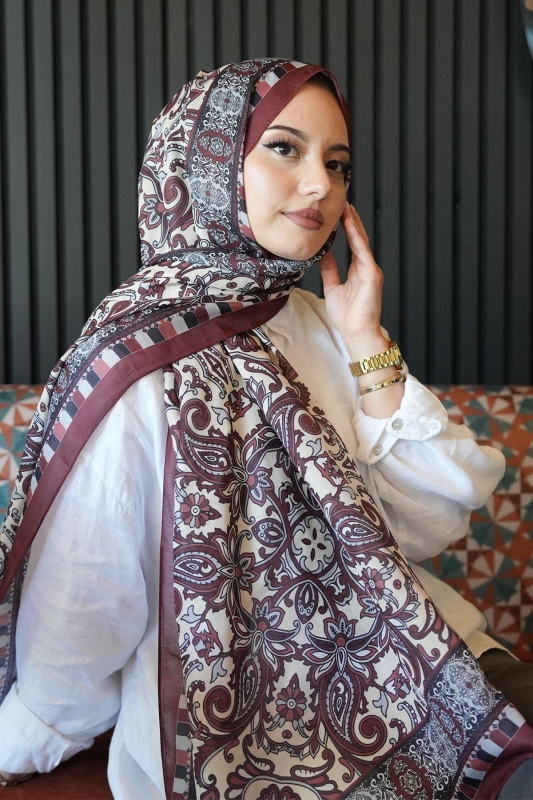 Etnik Desen Bordo Soft Pamuk Şal - 1