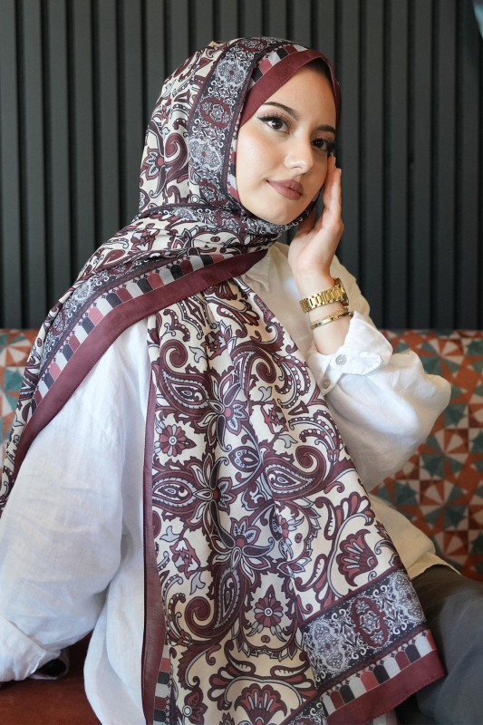 Etnik Desen Bordo Soft Pamuk Şal - 3