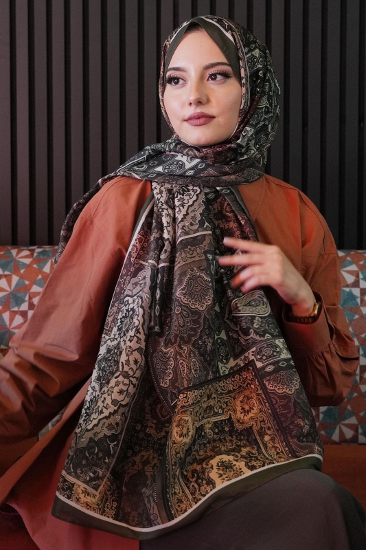 Etnik Desen Haki Soft Pamuk Şal - 3