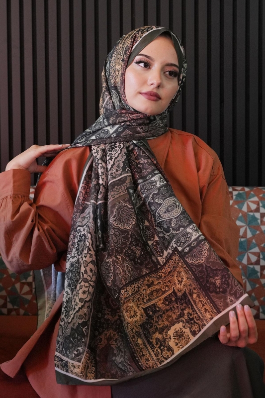 Etnik Desen Haki Soft Pamuk Şal - 4