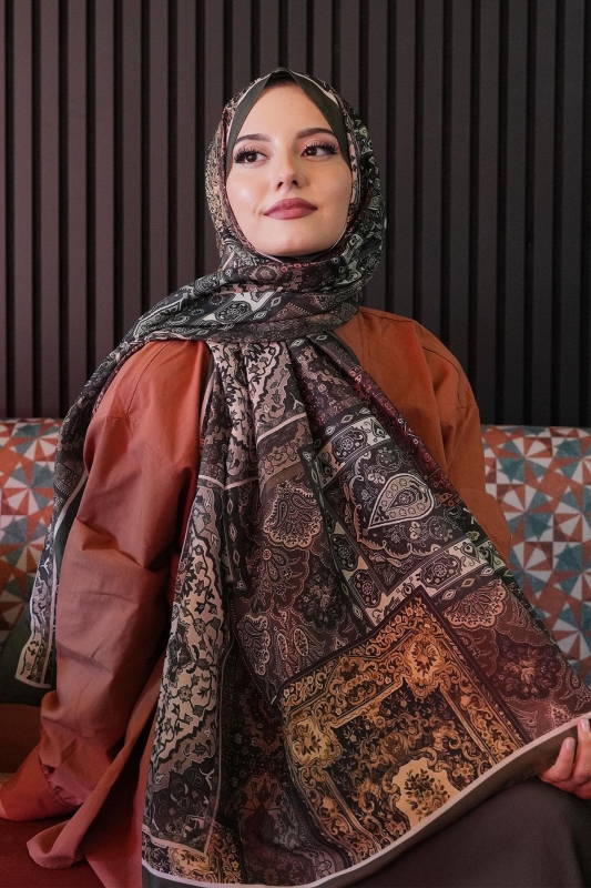 Etnik Desen Haki Soft Pamuk Şal - Afvente