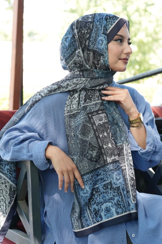 Etnik Desen Lacivert Soft Pamuk Şal - 3