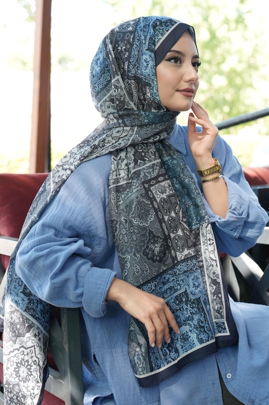 Etnik Desen Lacivert Soft Pamuk Şal - Afvente