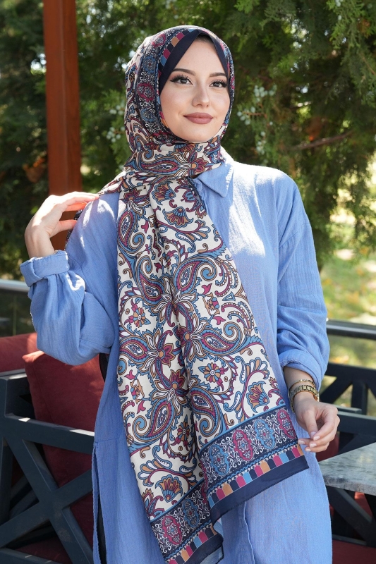 Etnik Desen Lacivert Soft Pamuk Şal - 1