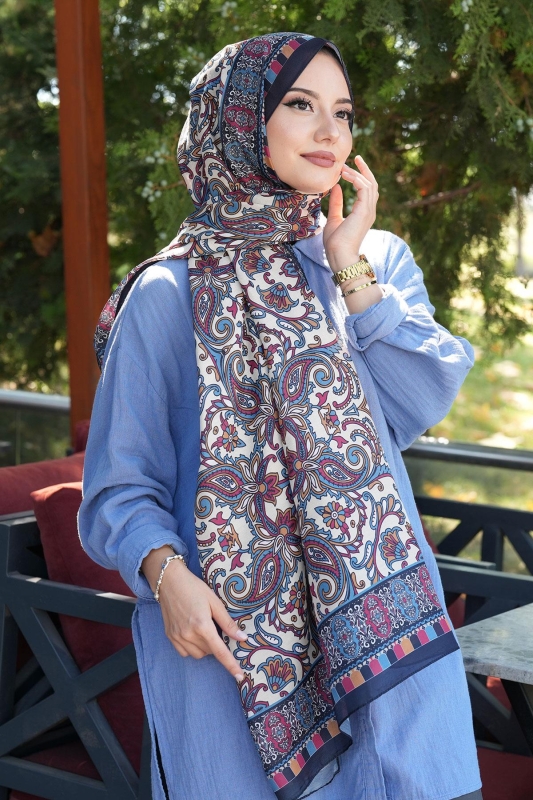 Etnik Desen Lacivert Soft Pamuk Şal - 2