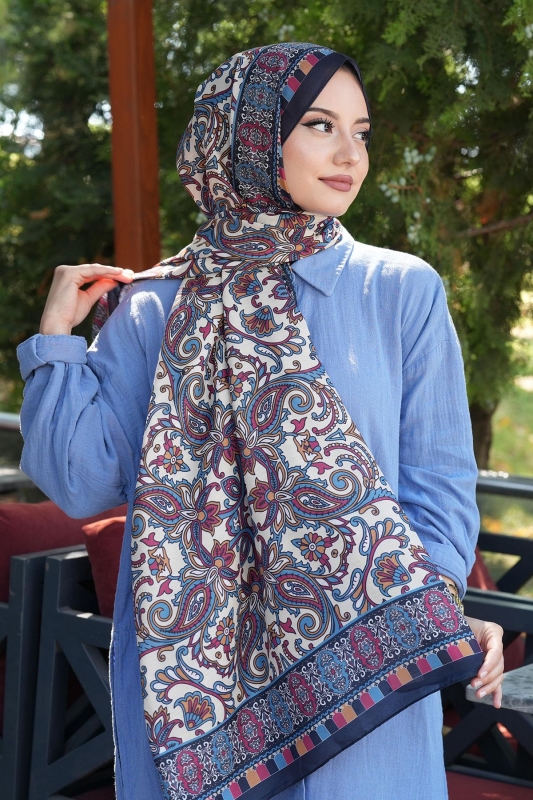 Etnik Desen Lacivert Soft Pamuk Şal - 3