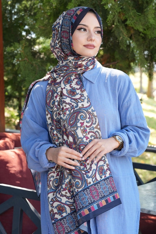Etnik Desen Lacivert Soft Pamuk Şal - 4