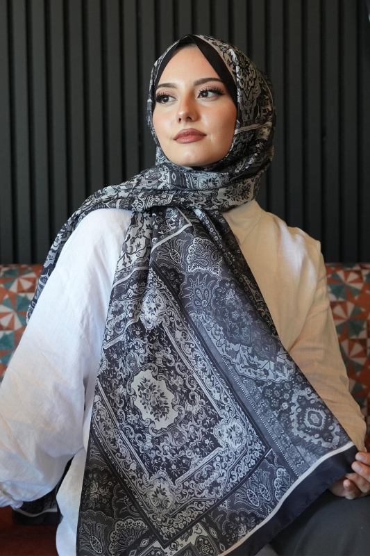 Etnik Desen Siyah Soft Pamuk Şal - Afvente