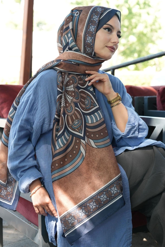 Geometrik Desen Lacivert Soft Pamuk Şal - Afvente