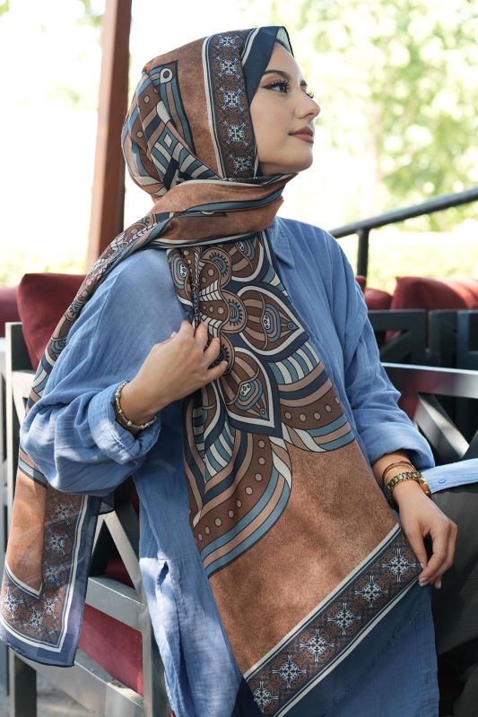 Geometrik Desen Lacivert Soft Pamuk Şal - 2