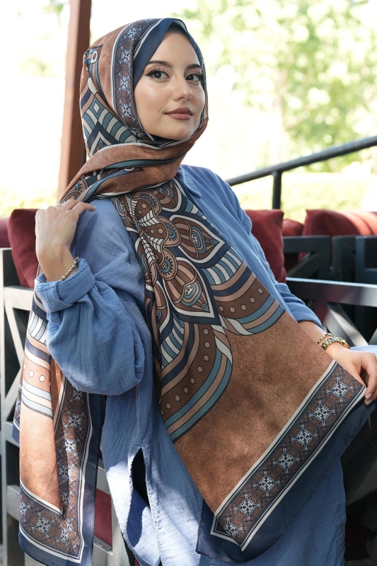 Geometrik Desen Lacivert Soft Pamuk Şal - 4