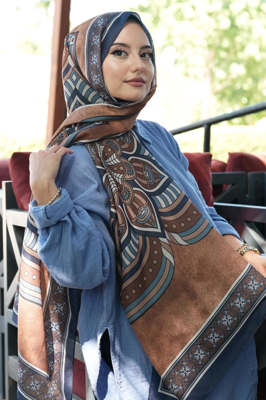 Geometrik Desen Lacivert Soft Pamuk Şal - 5