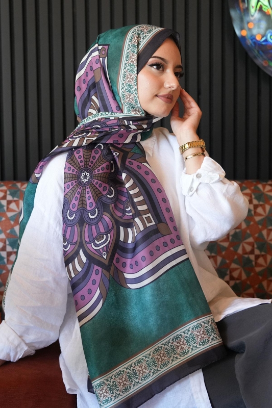 Geometrik Desen Zümrüt Soft Pamuk Şal - 3