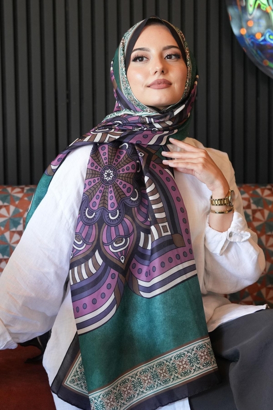 Geometrik Desen Zümrüt Soft Pamuk Şal - 4