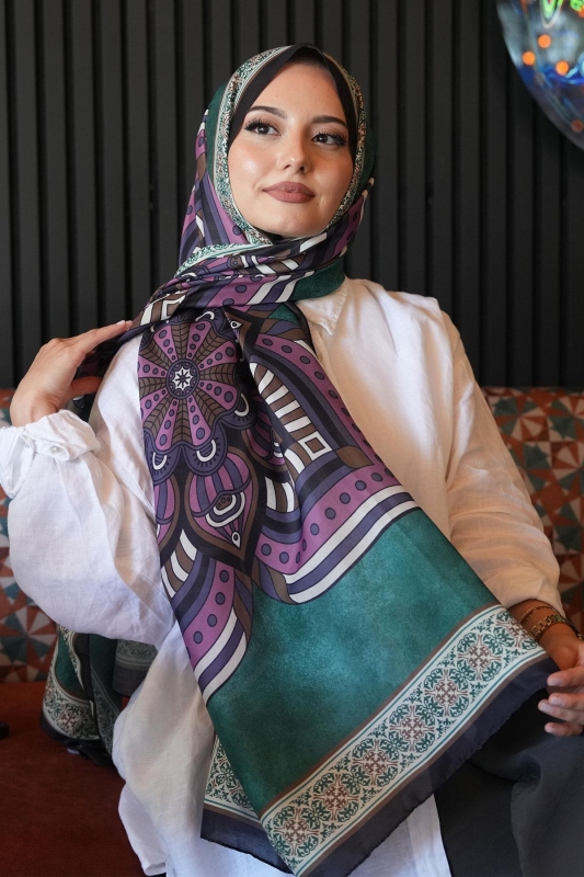 Geometrik Desen Zümrüt Soft Pamuk Şal - Afvente