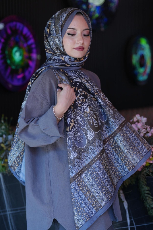 Karma Motif Desen Füme Soft Pamuk Şal - 3