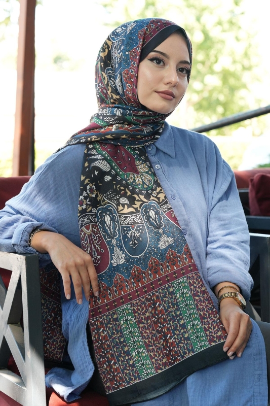 Karma Motif Desen İndigo Soft Pamuk Şal - 2
