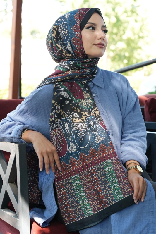 Karma Motif Desen İndigo Soft Pamuk Şal - 3