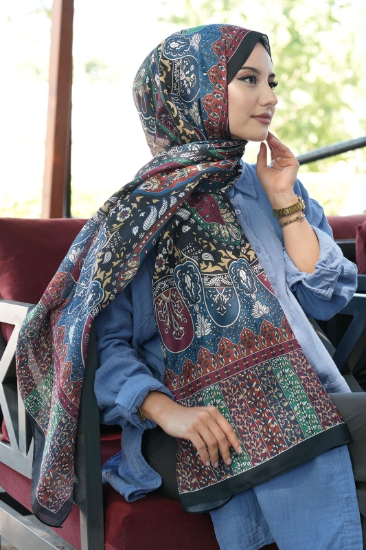 Karma Motif Desen İndigo Soft Pamuk Şal - 4