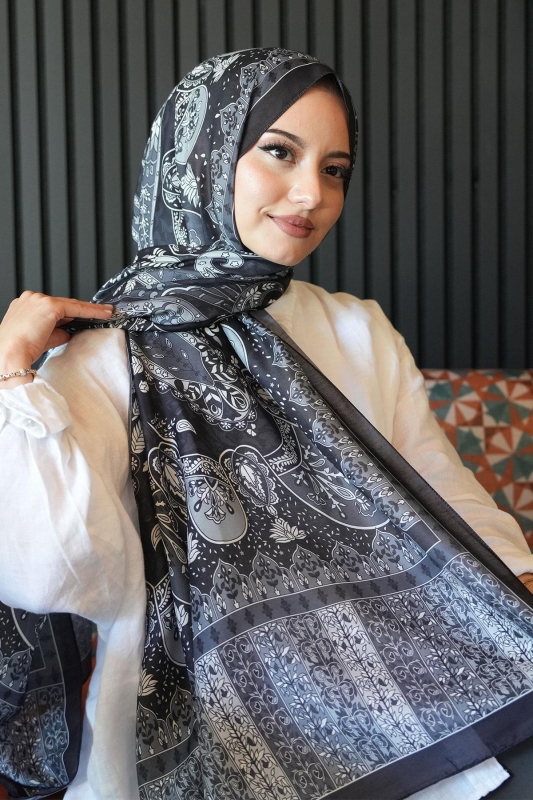 Karma Motif Desen Siyah Soft Pamuk Şal - 1