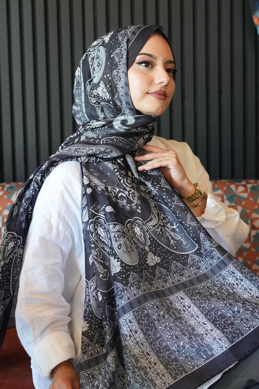 Karma Motif Desen Siyah Soft Pamuk Şal - 2