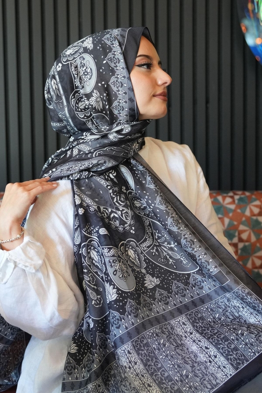 Karma Motif Desen Siyah Soft Pamuk Şal - 3