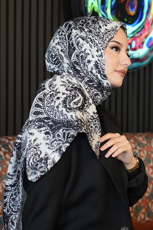 Klasik Paisley Desen Siyah-Beyaz Soft Pamuk Şal - 2
