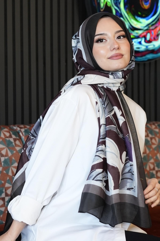 Lale Desen Bordo Soft Pamuk Şal - 3