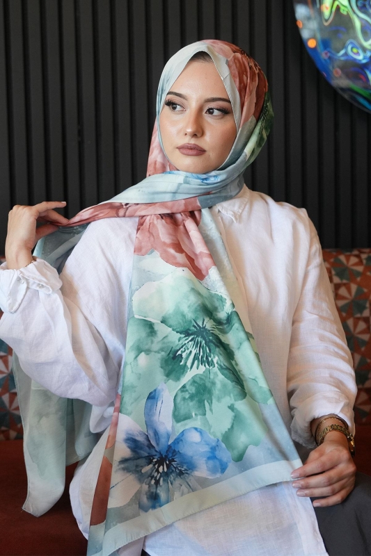 Manolya Çiçek Desen Çağla Soft Pamuk Şal - 3