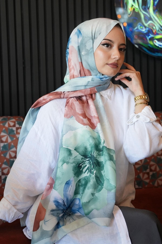 Manolya Çiçek Desen Çağla Soft Pamuk Şal - 4