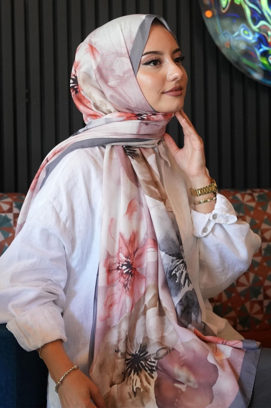 Manolya Çiçek Desen Füme Soft Pamuk Şal - 2