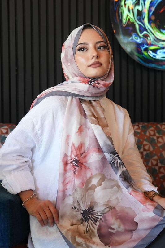 Manolya Çiçek Desen Füme Soft Pamuk Şal - 1