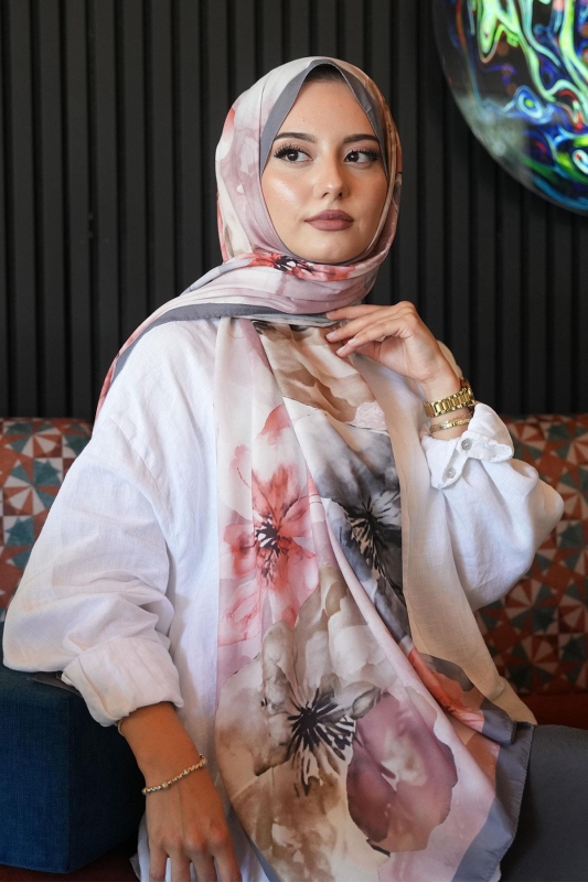 Manolya Çiçek Desen Füme Soft Pamuk Şal - 3