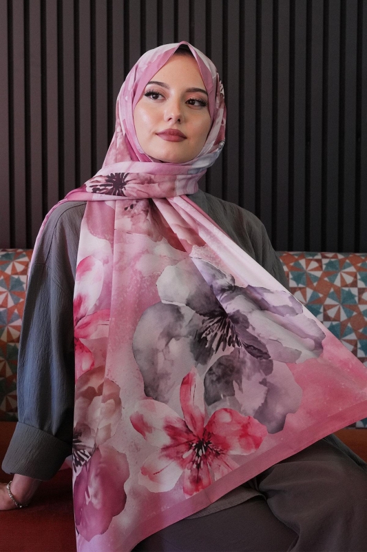 Manolya Çiçek Desen Gül Kurusu Soft Pamuk Şal - 2