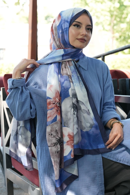 Manolya Çiçek Desen İndigo Soft Pamuk Şal - Afvente