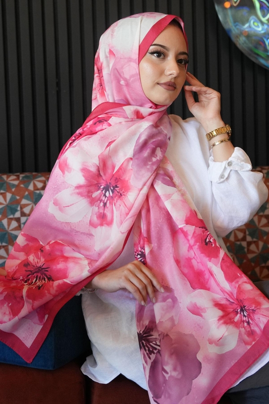 Manolya Çiçek Desen Kırmızı Soft Pamuk Şal - 3