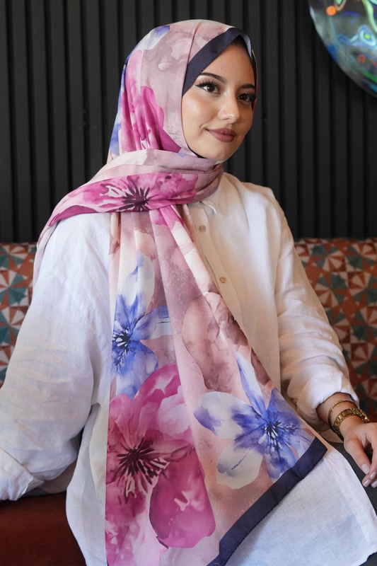 Manolya Çiçek Desen Lacivert Soft Pamuk Şal - 2