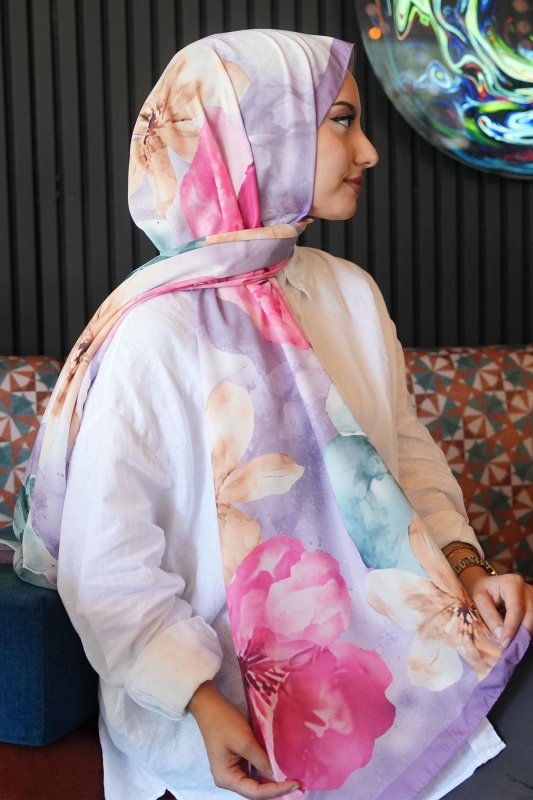 Manolya Çiçek Desen Lavanta Soft Pamuk Şal - 4