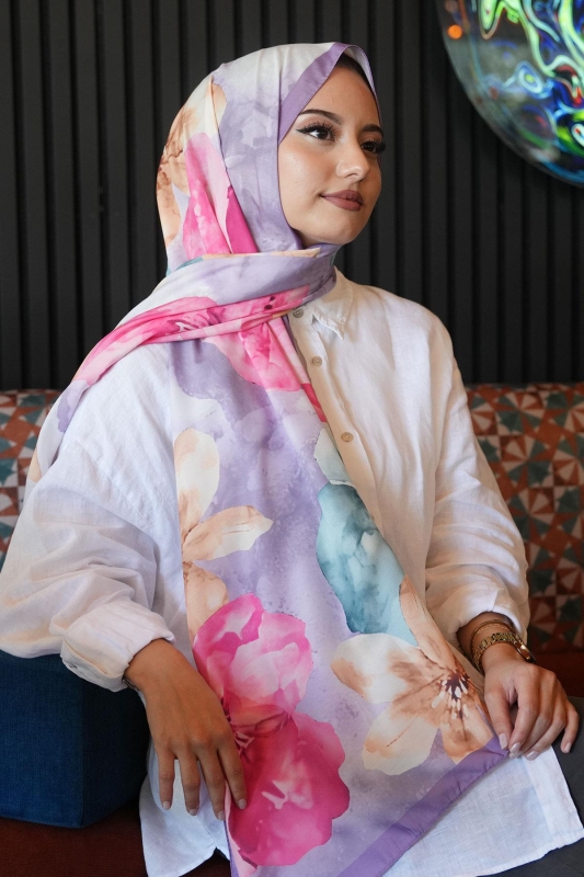 Manolya Çiçek Desen Lavanta Soft Pamuk Şal - 2