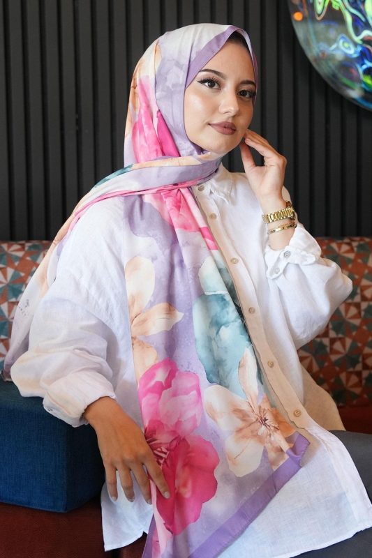 Manolya Çiçek Desen Lavanta Soft Pamuk Şal - 3
