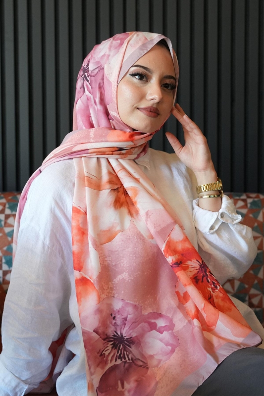 Manolya Çiçek Desen Nar Çiçeği Soft Pamuk Şal - 2