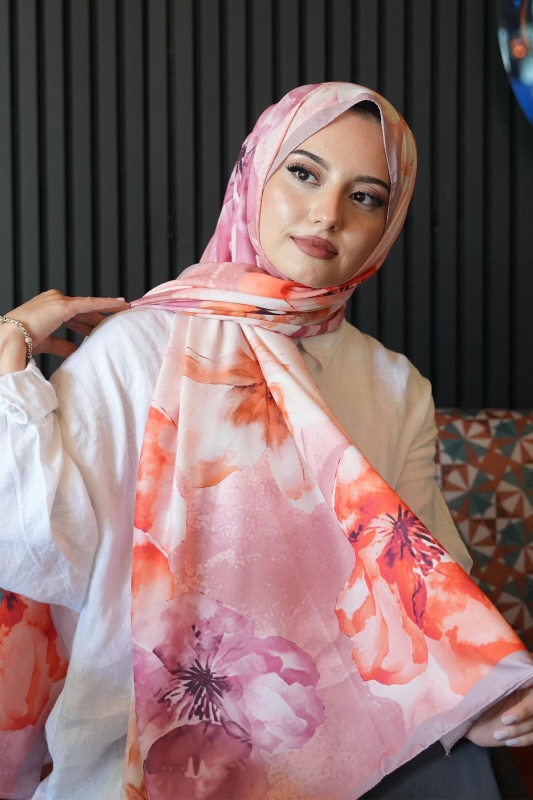 Manolya Çiçek Desen Nar Çiçeği Soft Pamuk Şal - 3