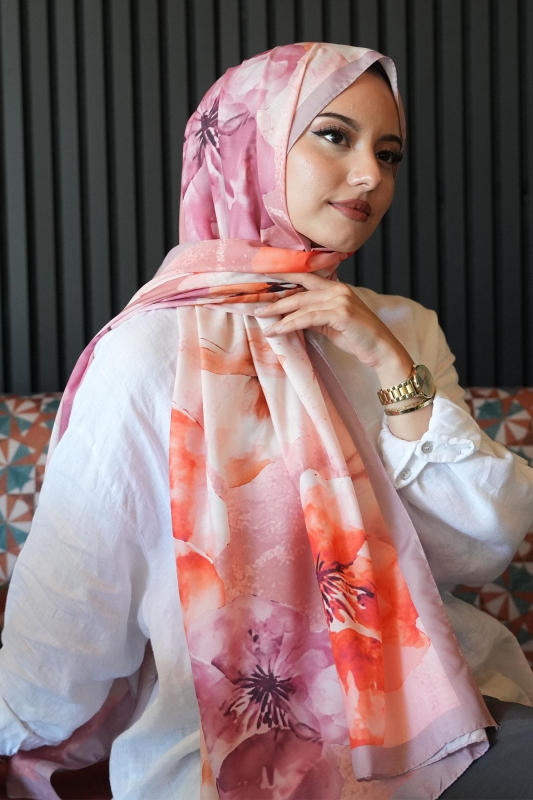 Manolya Çiçek Desen Nar Çiçeği Soft Pamuk Şal - 4