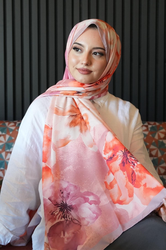 Manolya Çiçek Desen Nar Çiçeği Soft Pamuk Şal - Afvente