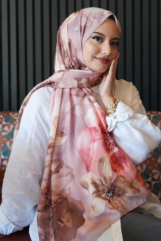 Manolya Çiçek Desen Pudra Soft Pamuk Şal - 2
